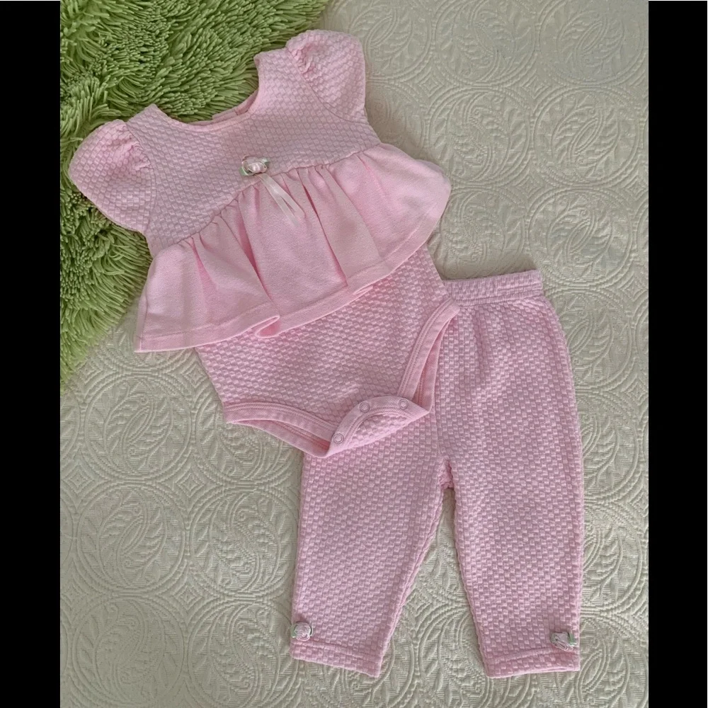 Vintage 90s Pants Set Girls 6-9M Pink 2 PC Skirted Bodysuit Outfit Textured Rose